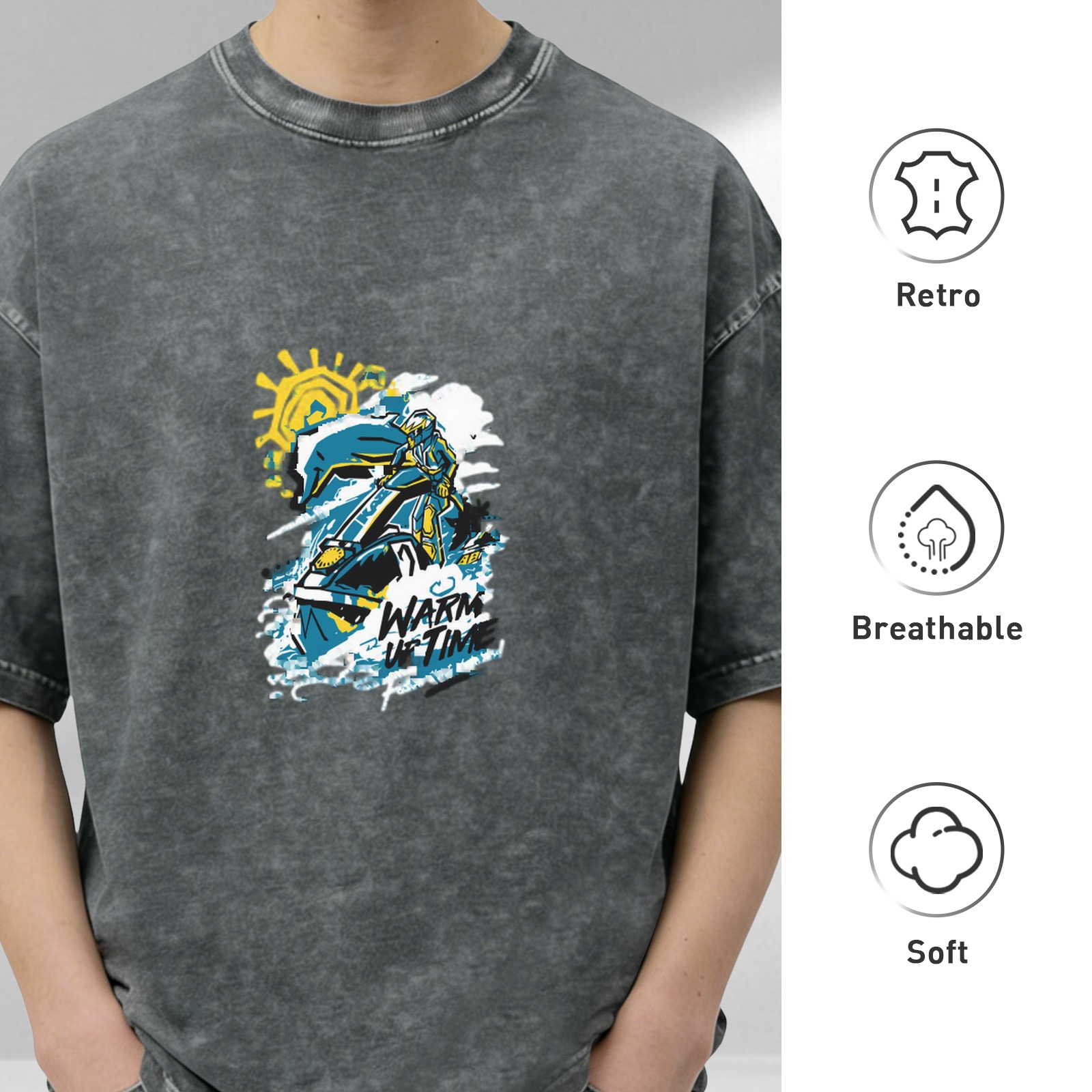 Oversized Acid Wash Graphic T-Shirt With Rider And Sun Print