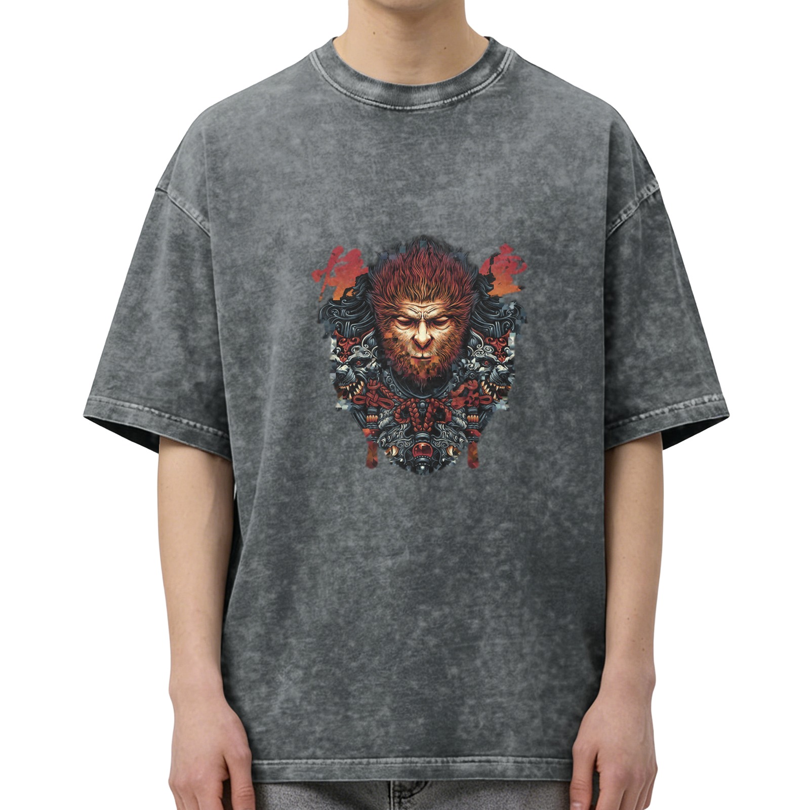 Washed Black T-Shirt with Mythical Monkey King Graphic