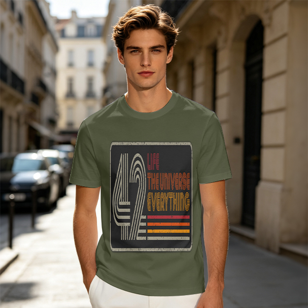 42 Life The Universe Everything Retro Graphic Olive T-Shirt