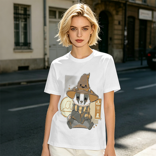 Olive T-Shirt With Cute Wizard Badger Graphic Print