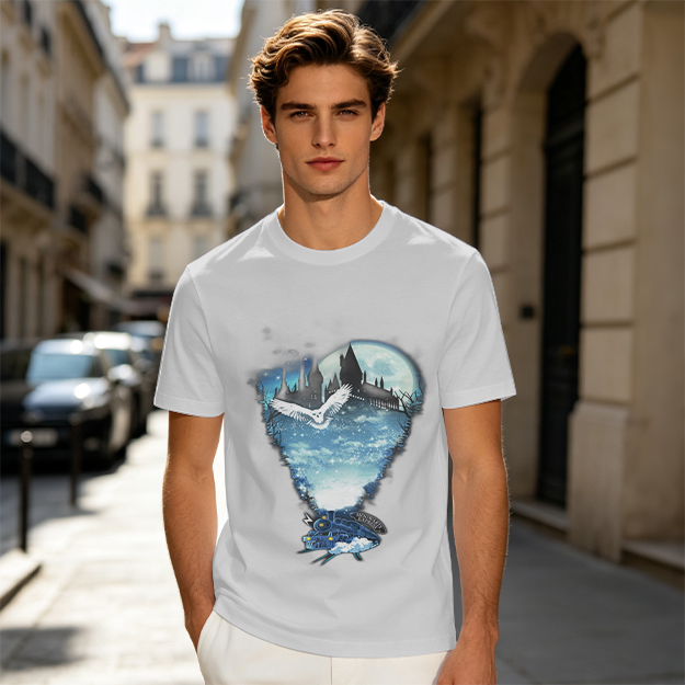 Olive T-Shirt With Magical Castle Owl Night Sky Graphic