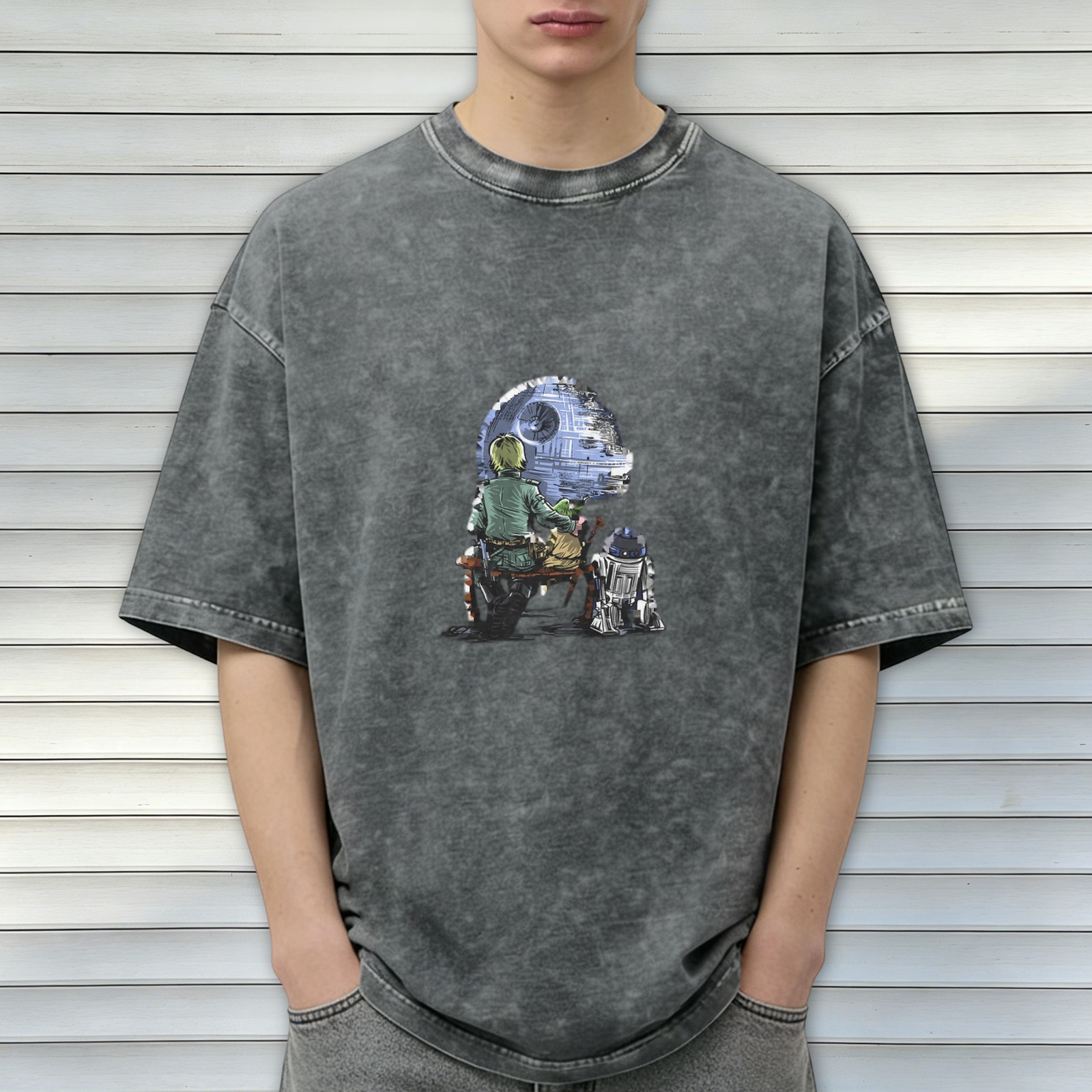 Star Wars themed acid-washed short-sleeve T-shirt with Death Star, Luke Skywalker and R2-D2 graphic print