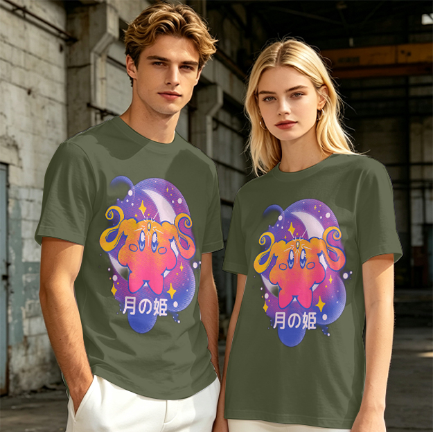 Olive t-shirt with cosmic cat and moon graphic print