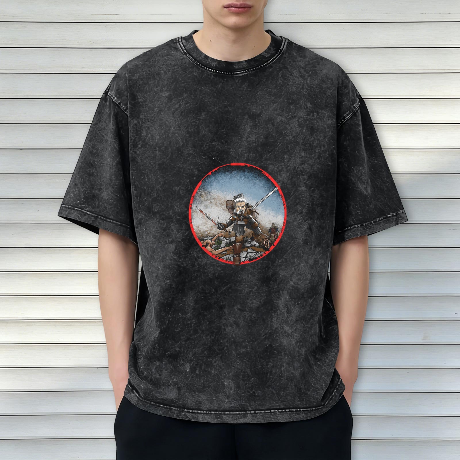 Oversized dark washed t-shirt with warrior in red circle graphic