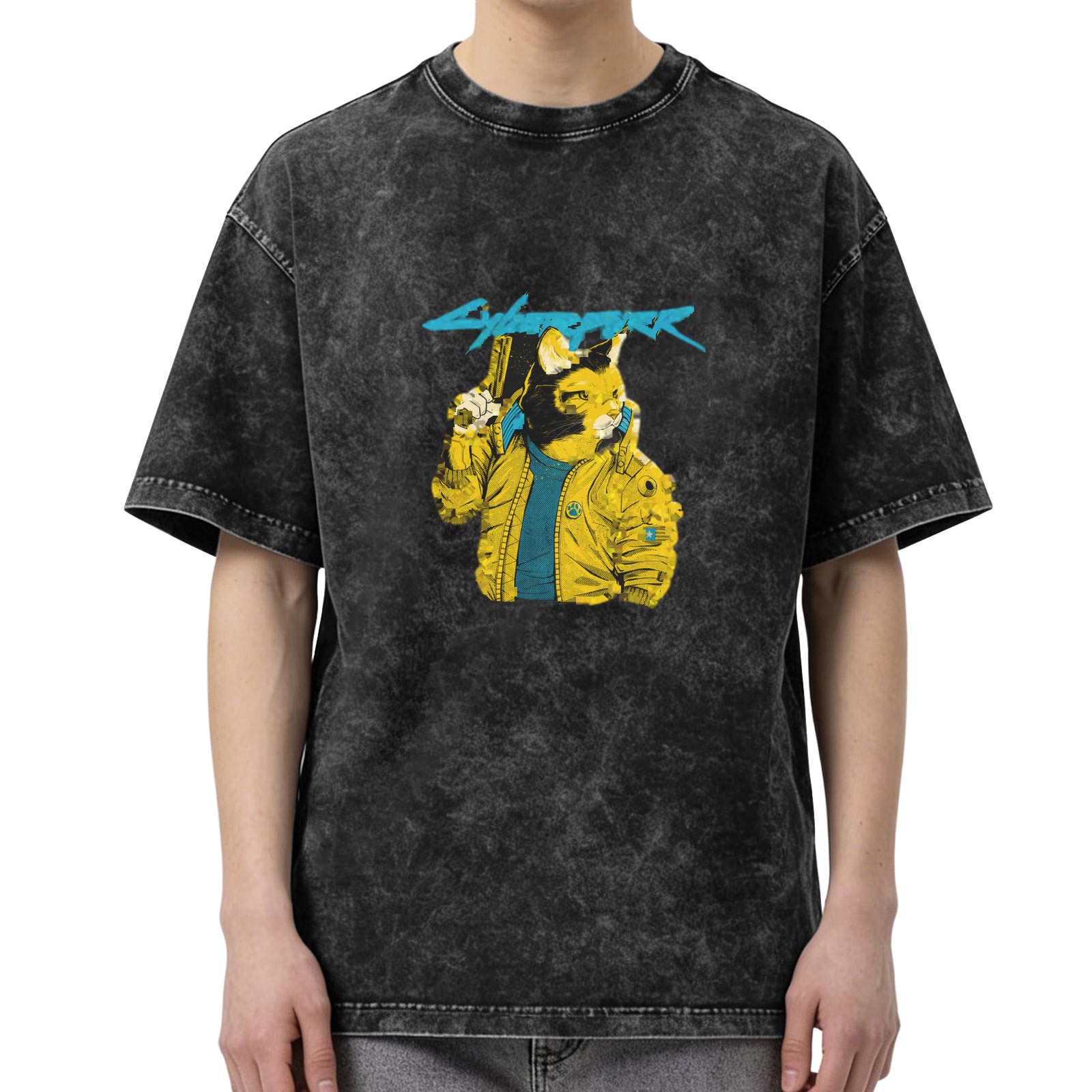 Cyberpunk Cat Graphic Acid Wash Oversized T-Shirt