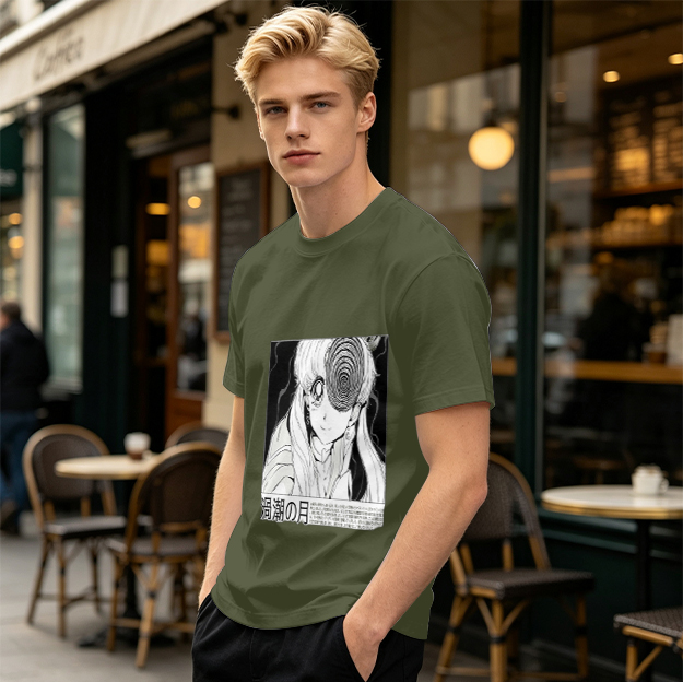 Olive anime graphic t-shirt with spiral eye design