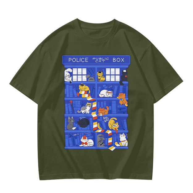 Olive T-Shirt with Police Box and Playful Cats Graphic