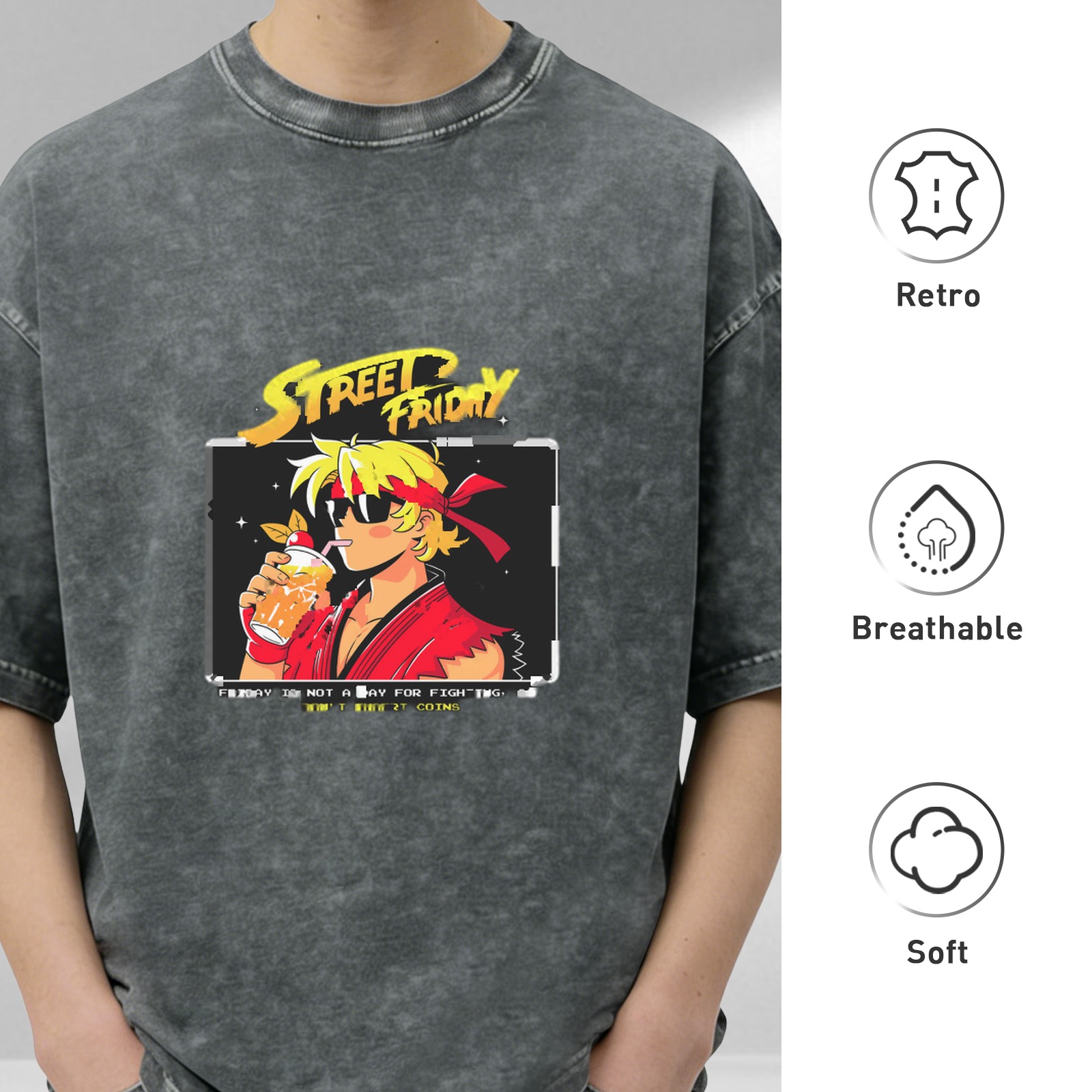 Street Friday Anime Fighter Drink Graphic Acid Wash T-Shirt