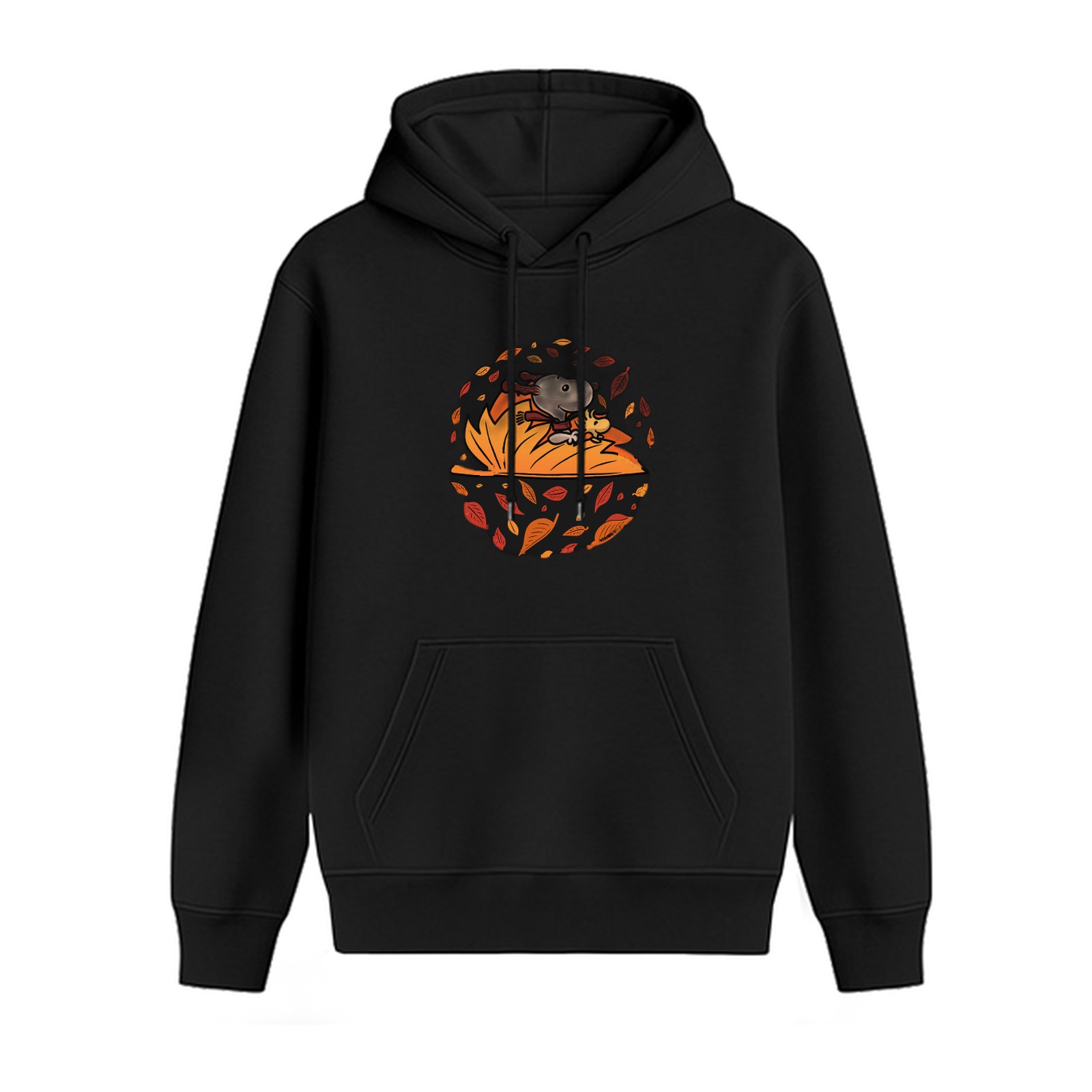 Black hoodie with autumn leaves and cartoon animal graphic