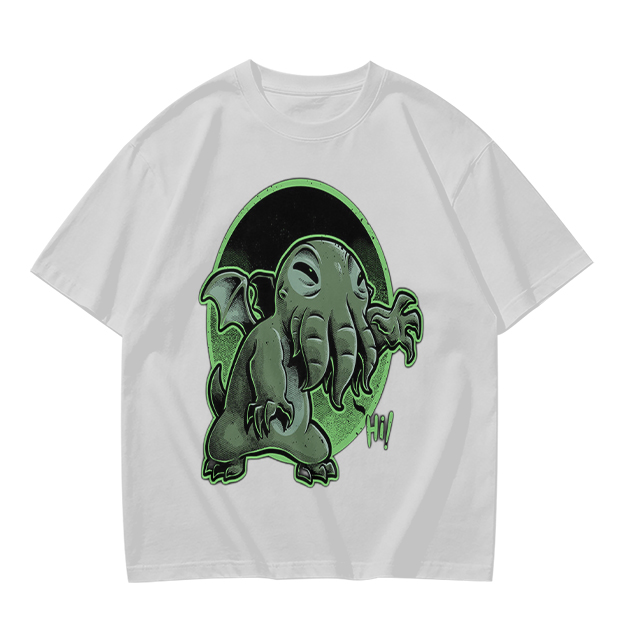 Olive T-Shirt Featuring Cute Cartoon Cthulhu Saying Hi