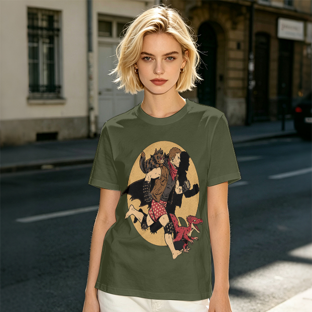 Olive T-Shirt With Fantasy Running Character And Creatures Print