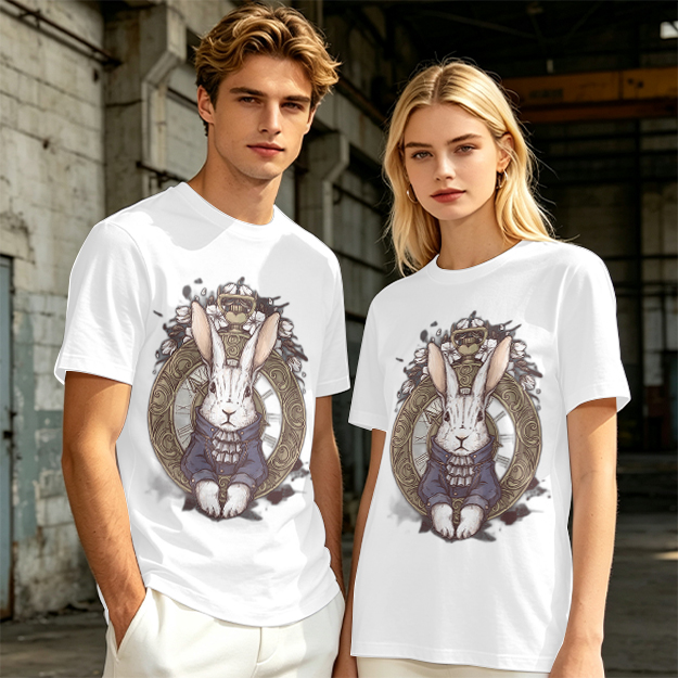Olive T-Shirt With Steampunk White Rabbit Pocket Watch Art
