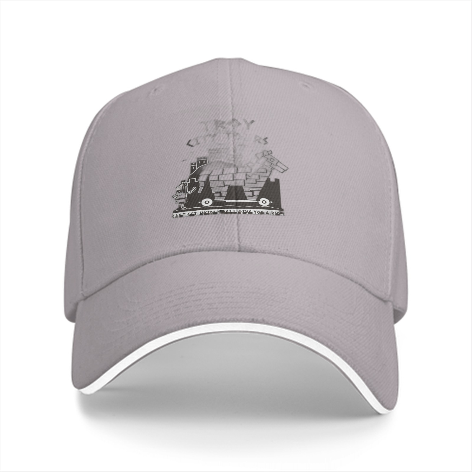Black baseball cap with monochrome graphic print on front