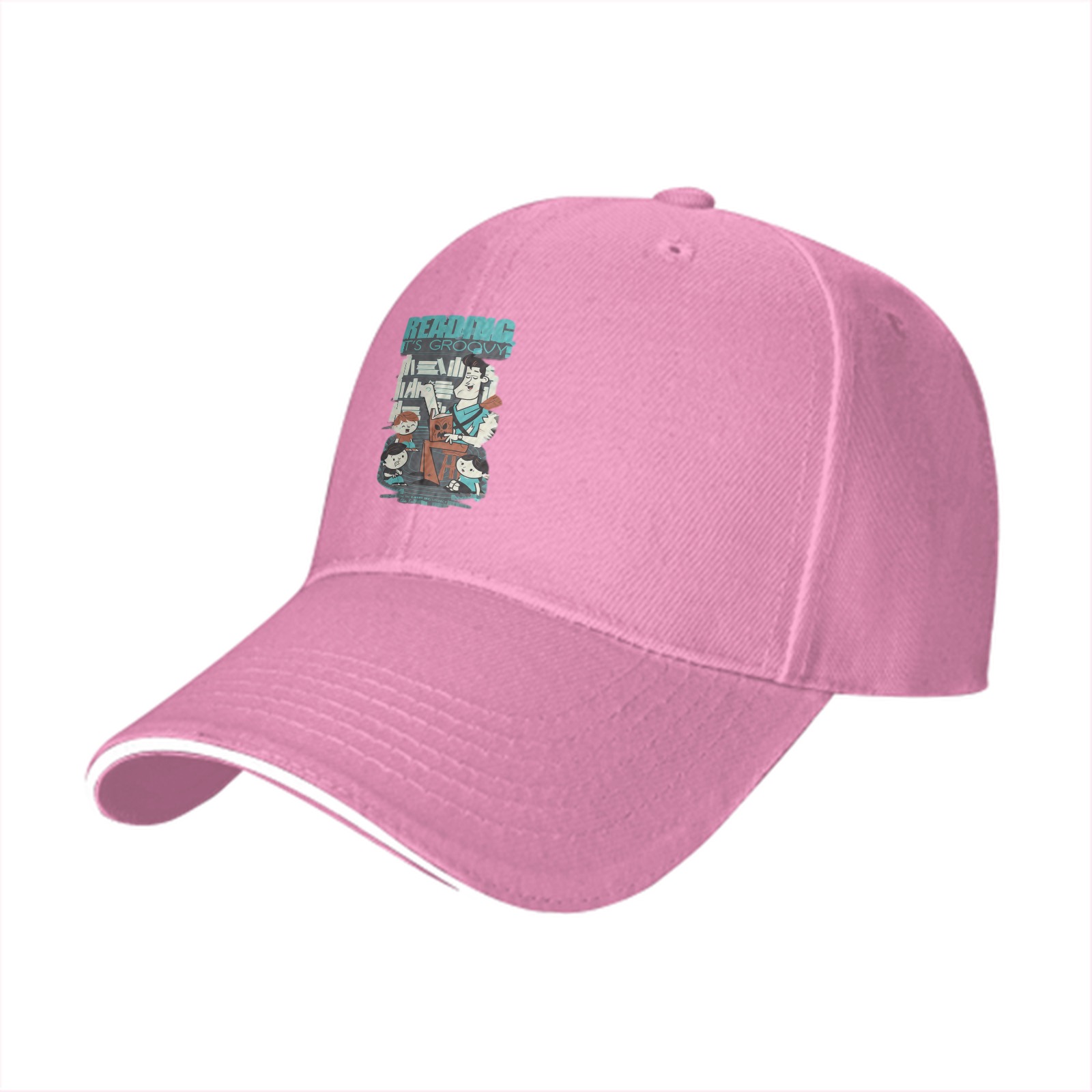 Black baseball cap with retro reading themed graphic print