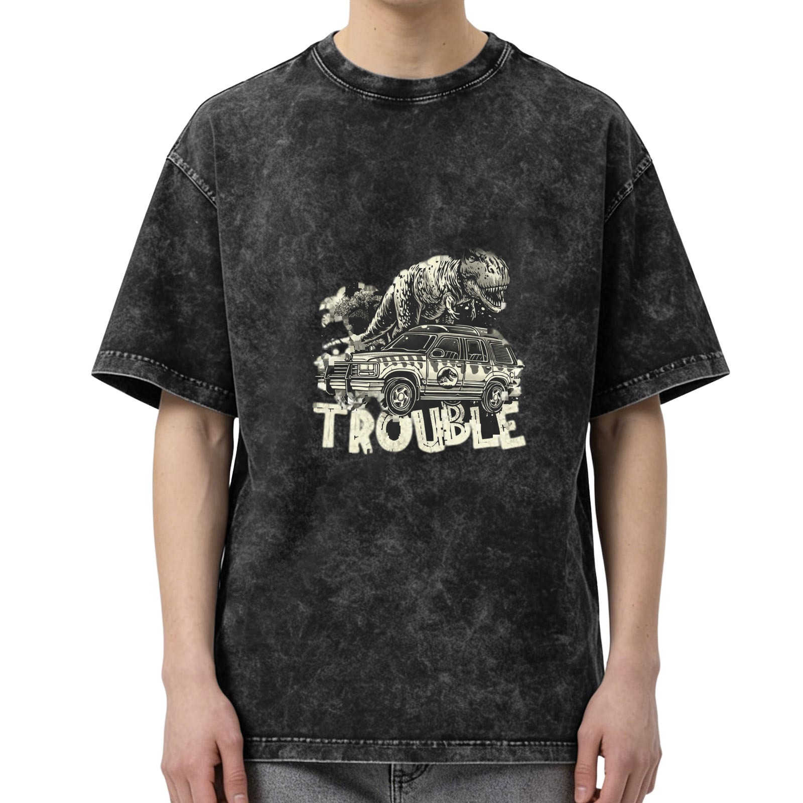 Washed Black T-Rex Dinosaur SUV Trouble Graphic T-Shirt