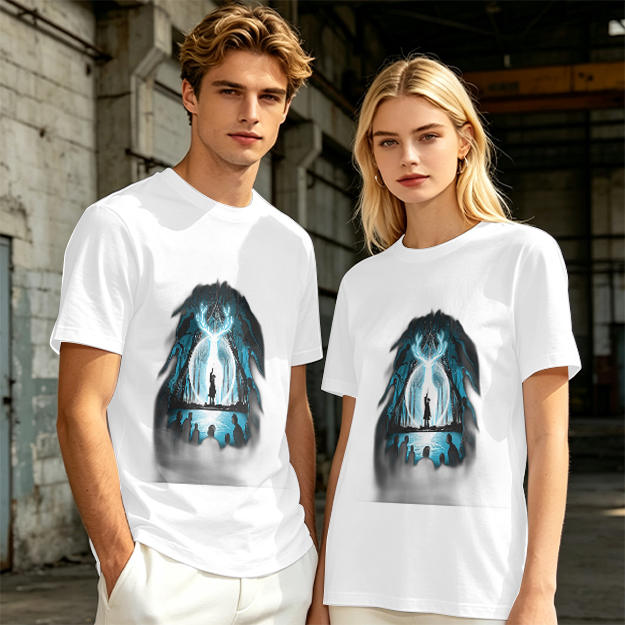 Olive T-Shirt With Glowing Deer Patronus Silhouette Art Print