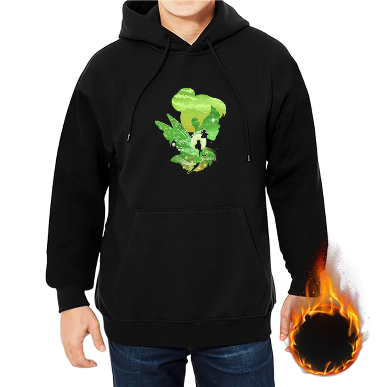Black Hoodie With Green Tinker Bell Fairy Silhouette Graphic
