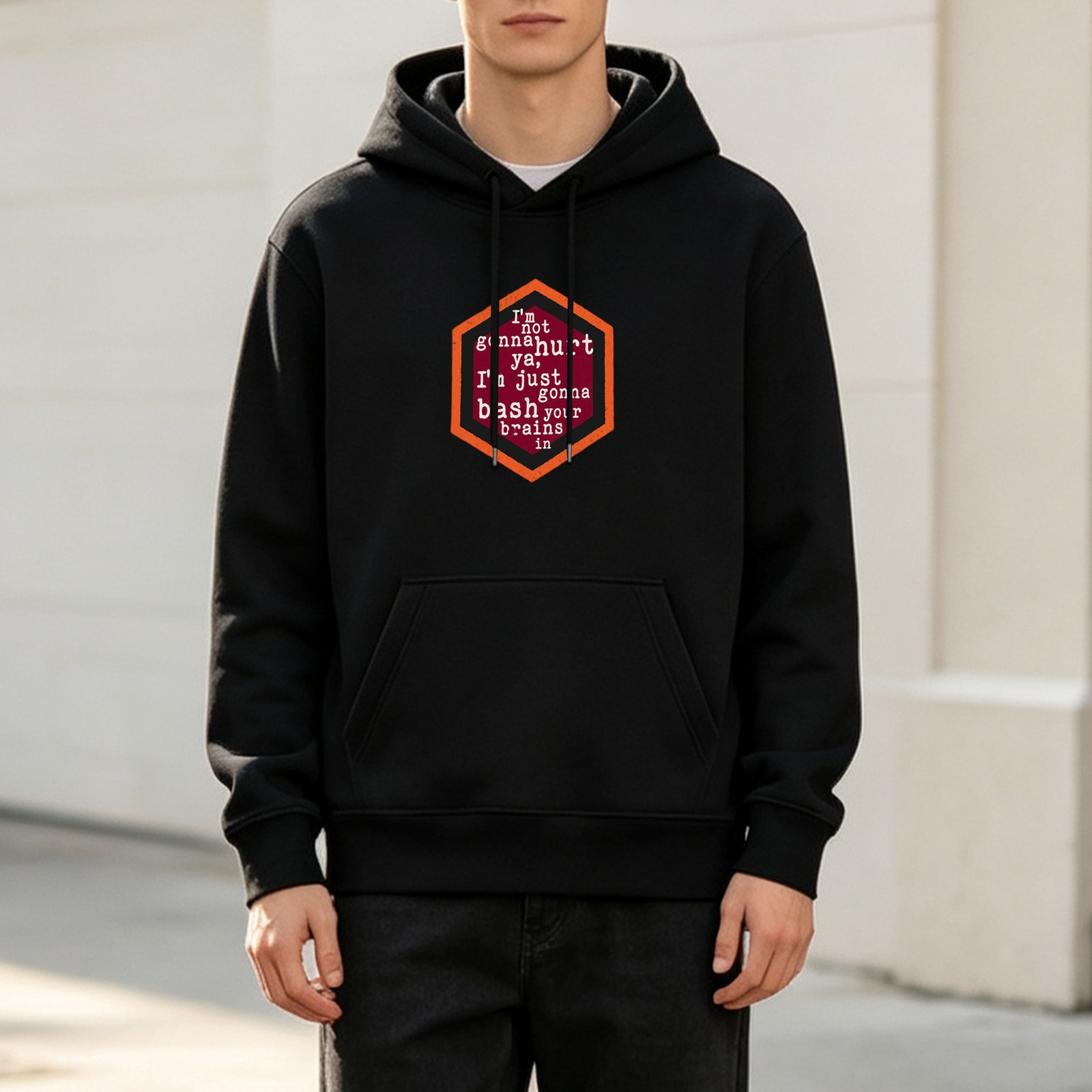 Black hoodie with humorous aggressive quote graphic design