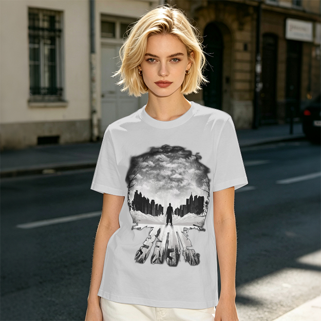 Olive Green T-Shirt With Skull Silhouette Cityscape Artwork