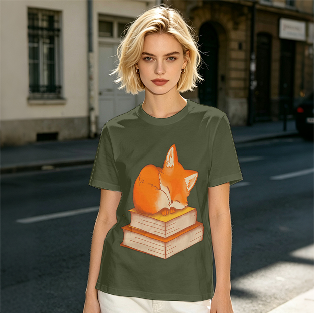 Olive T-Shirt With Sleeping Fox On Stacked Books Print
