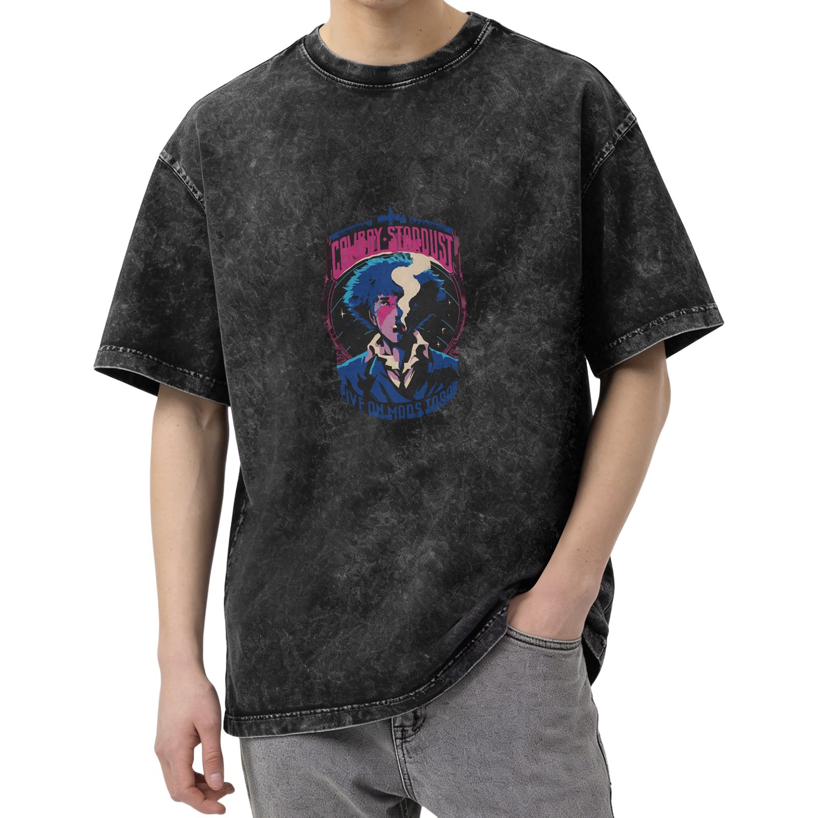 Washed Black Cowboy Stardust Anime Graphic T-Shirt
