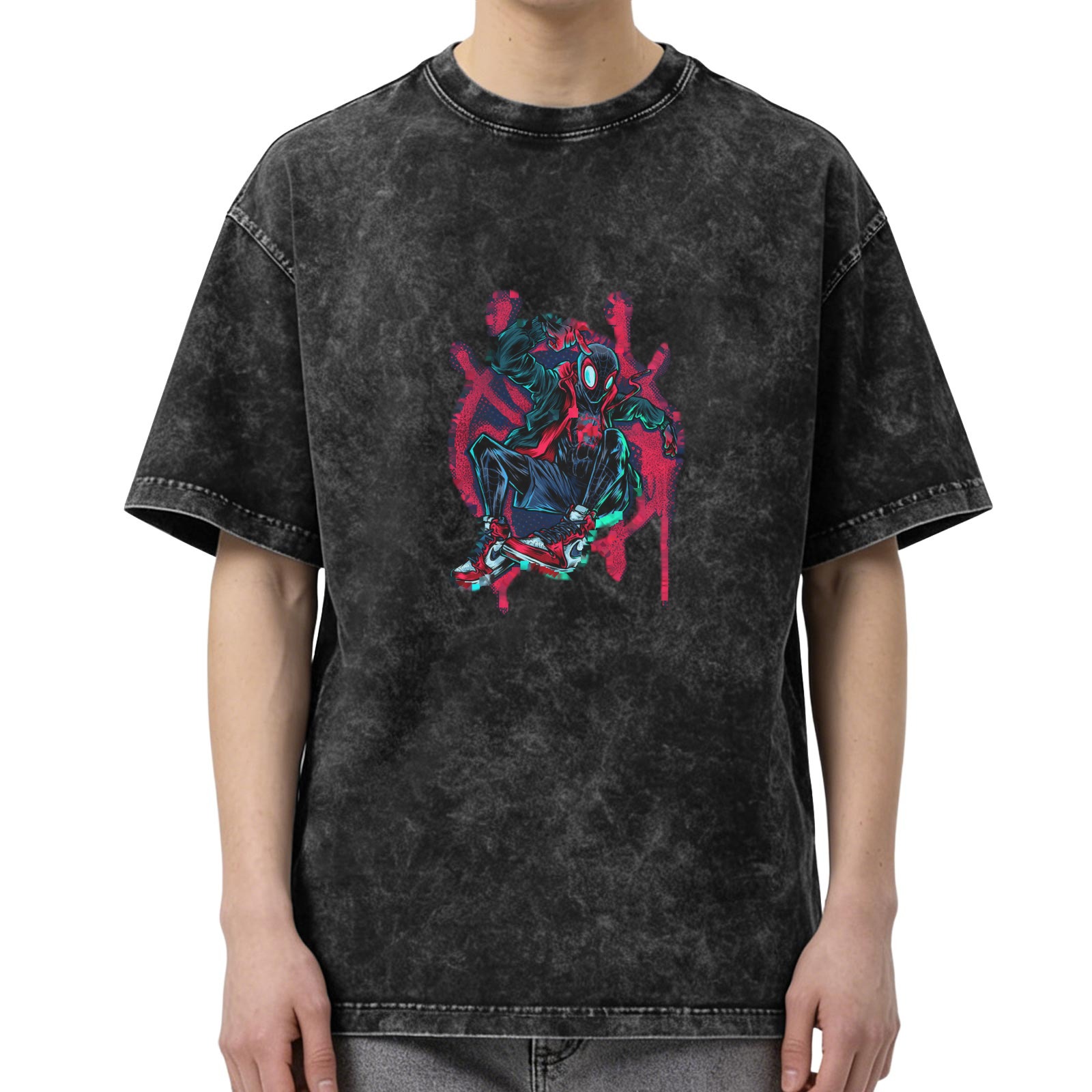 Washed distressed black short-sleeved T-shirt Miles Spider-Man printed street fashion loose top