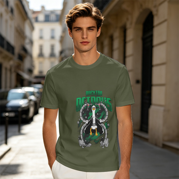 Olive T-Shirt With Ducktor Octopus Superhero Parody Print