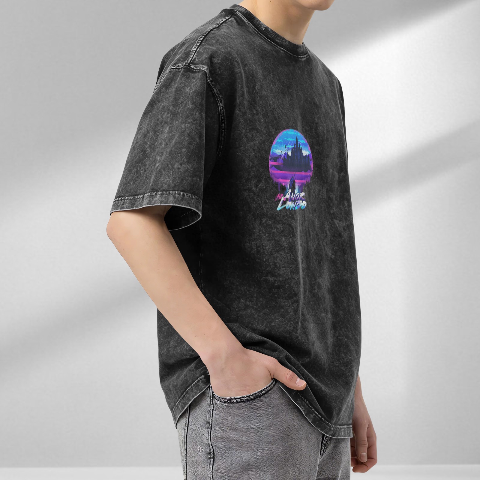 Distressed washed black round neck short-sleeved T-shirt Retro style Anor Londo printed loose top