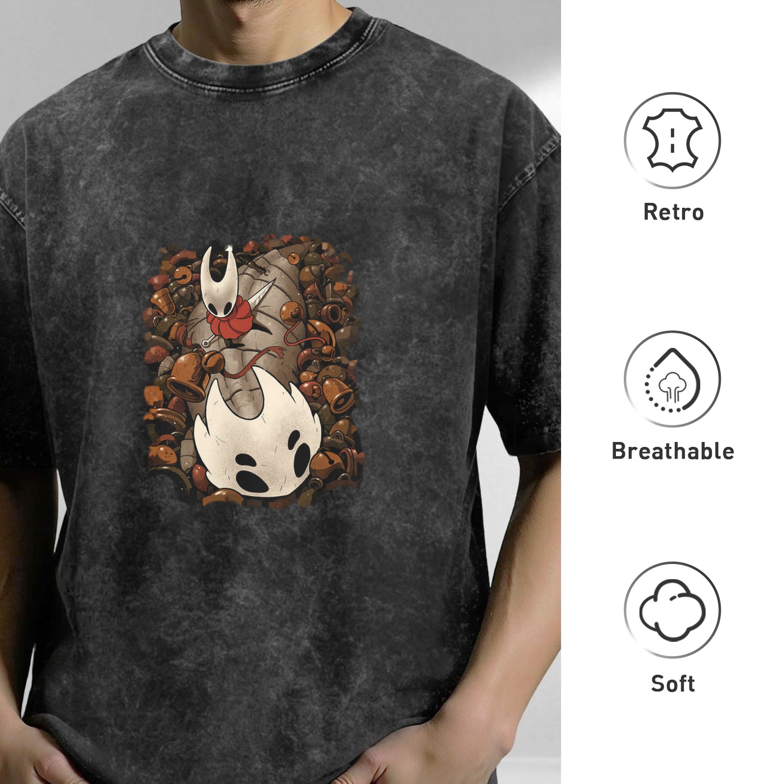 Hollow Knight themed washed distressed short-sleeved T-shirt and game peripheral printed loose top