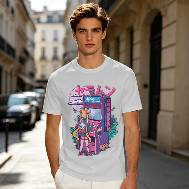 Anime girl playing moon arcade game graphic tee