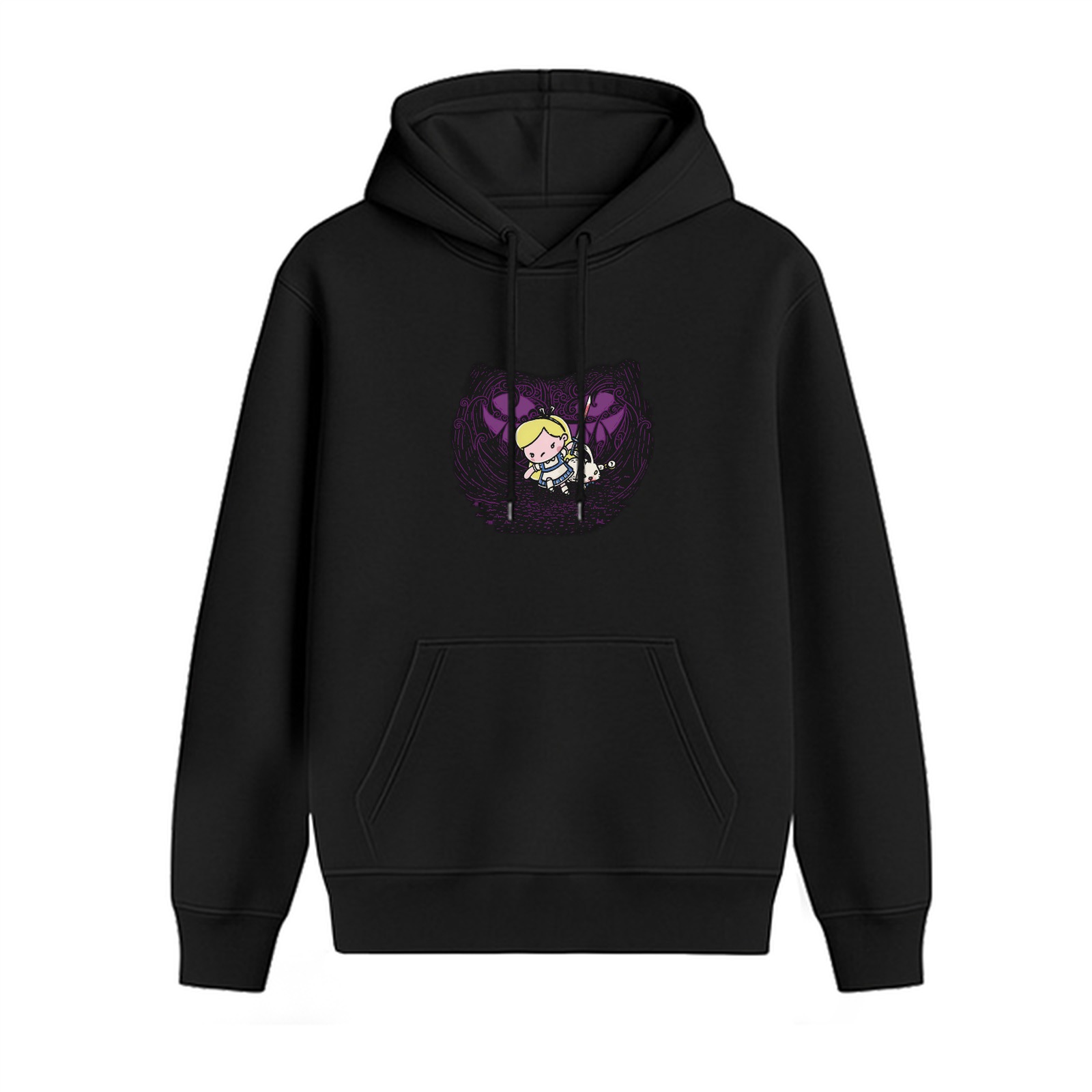 Black hoodie with chibi Alice in Wonderland graphic print