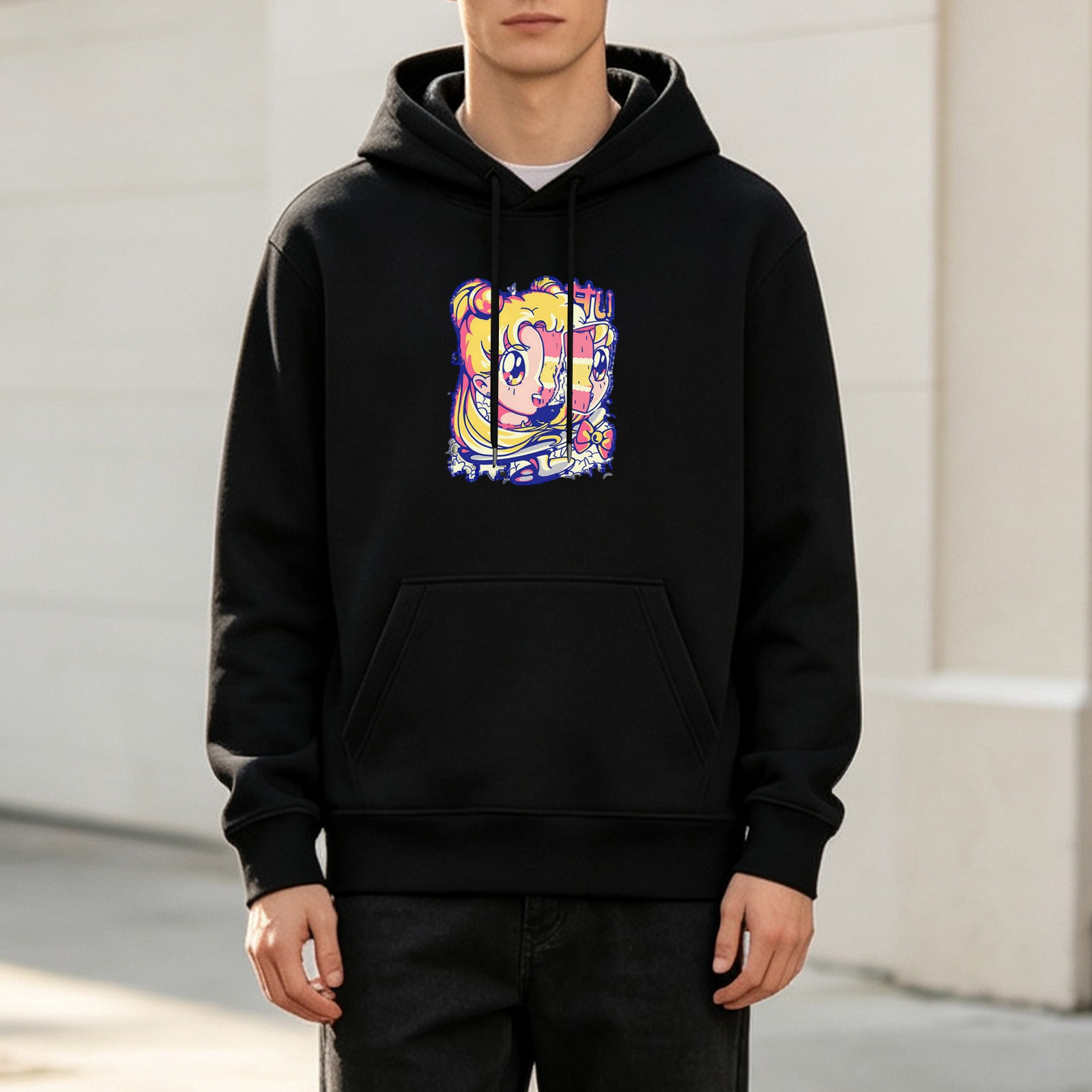Black hoodie with retro anime girl graphic print