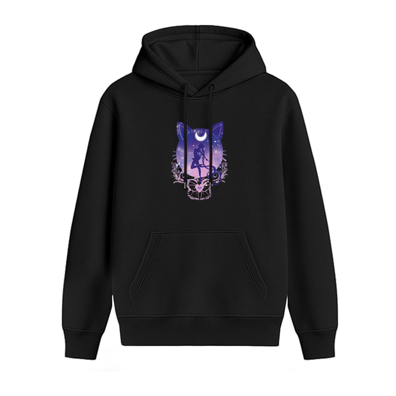 Black hoodie with cat moon silhouette anime graphic