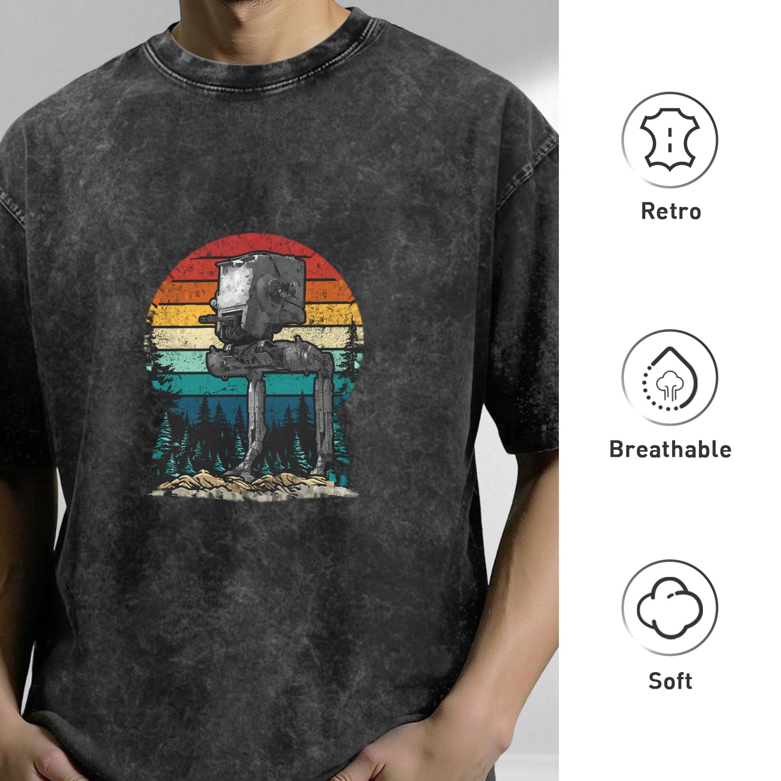 Star Wars AT-ST Walker Retro Sunset Forest Acid Wash T-Shirt