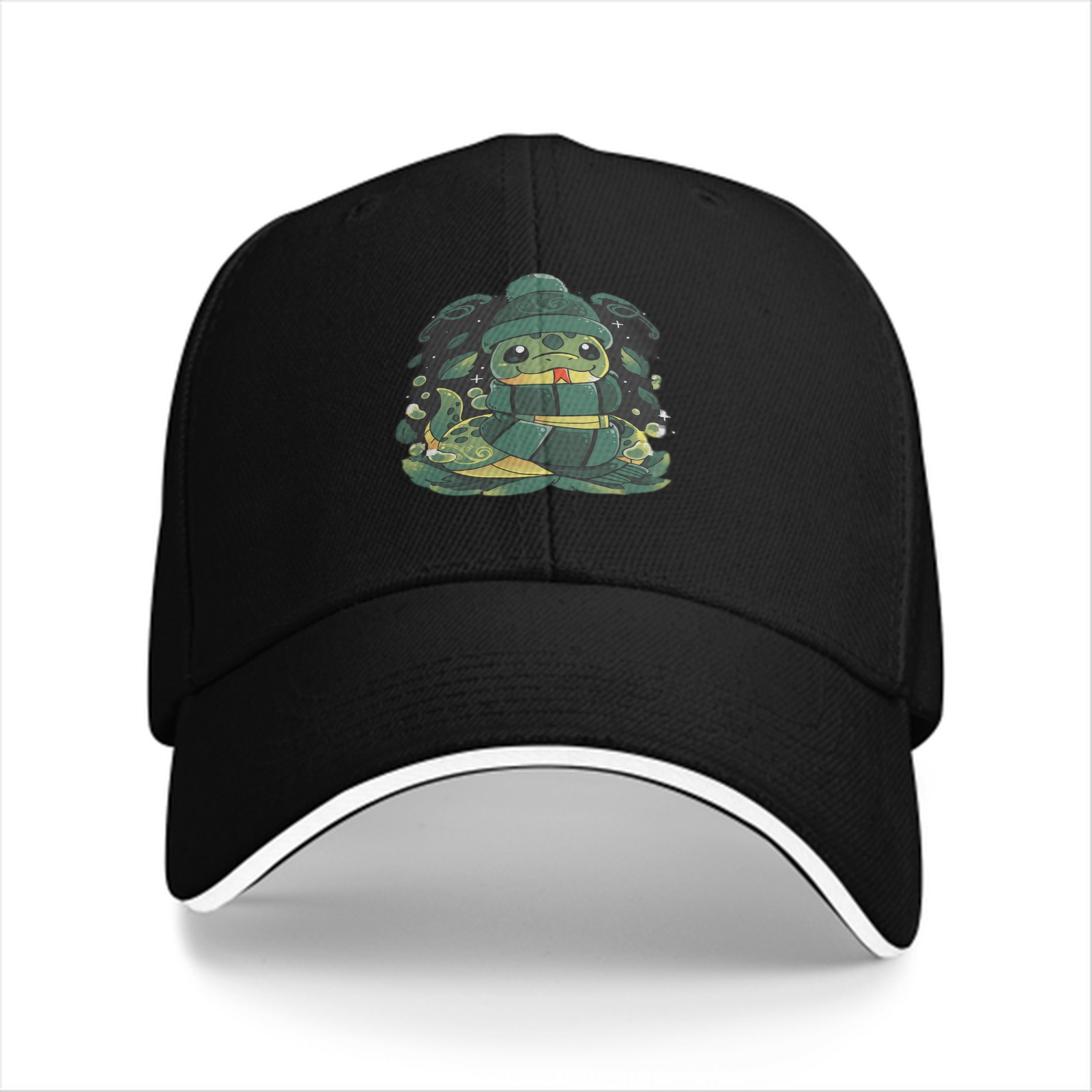 Black Baseball Cap With Cute Cartoon Snake Graphic Design
