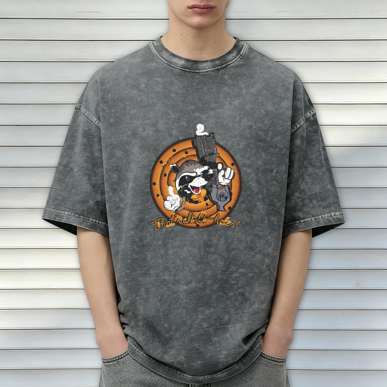 Washed Black Raccoon Gun Graphic T-Shirt With Funny Text