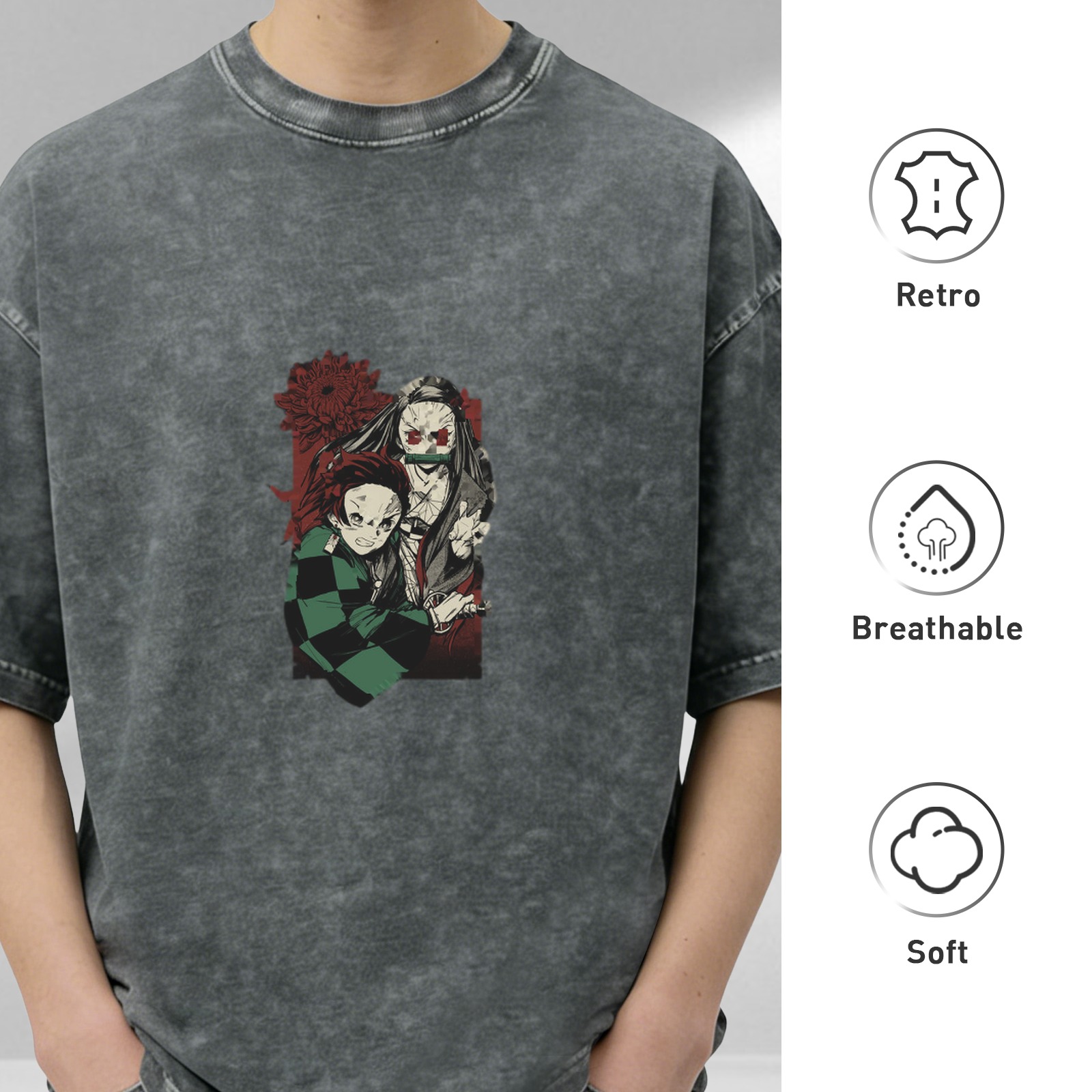 Demon Slayer themed distressed washed black loose short-sleeved T-shirt