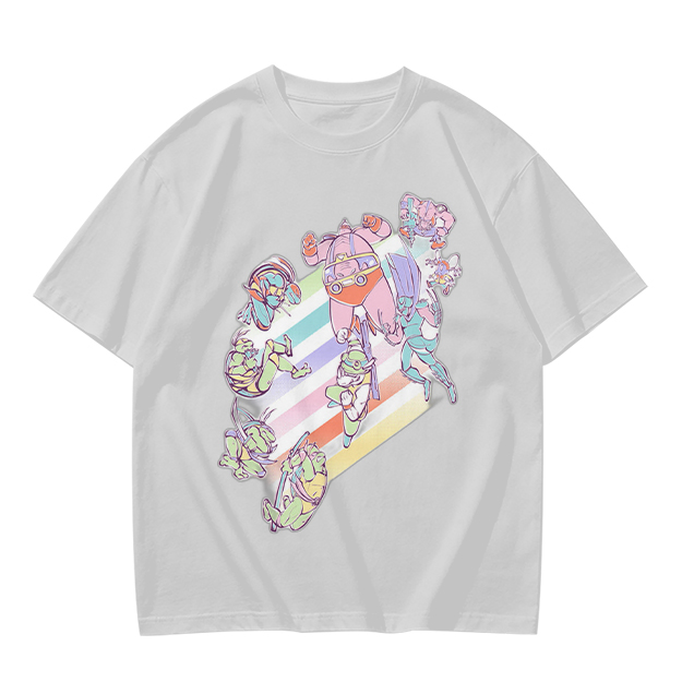 Olive Green T-Shirt With Pastel Whimsical Character Art Print