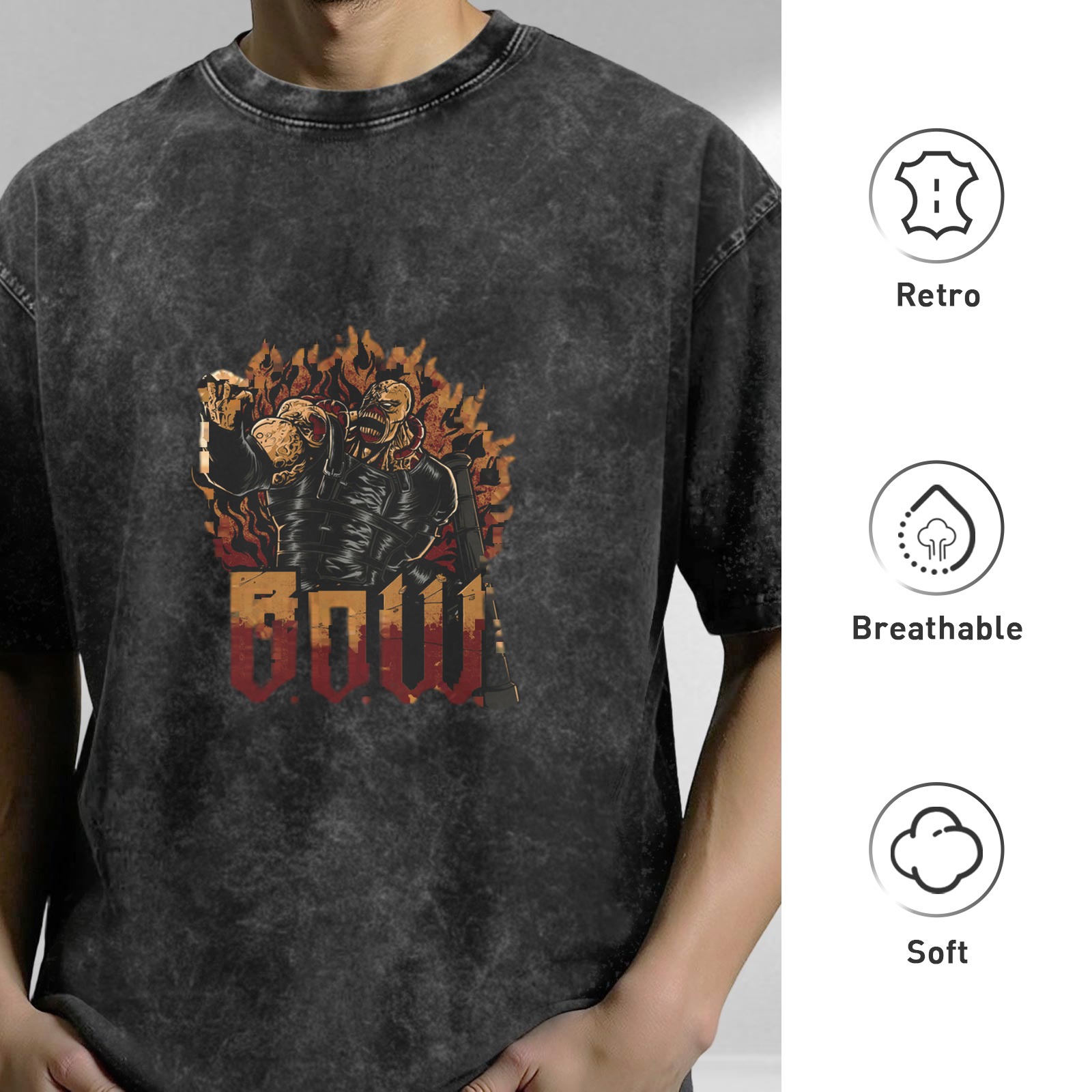 Oversized Dark Wash Graphic T-Shirt with Fiery Monster and BOW Print