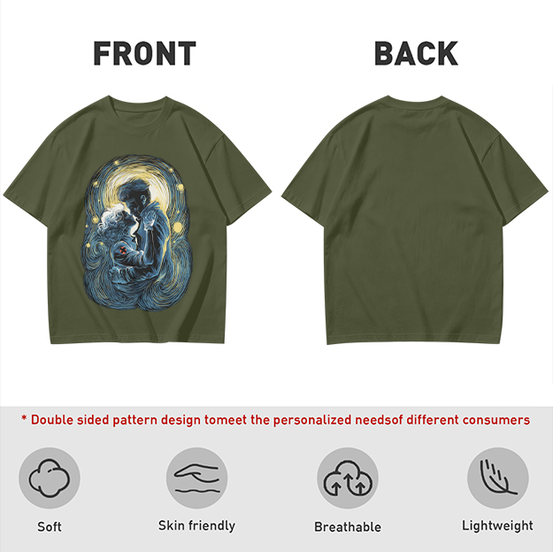 Olive T-Shirt With Starry Night Style Embracing Couple Art
