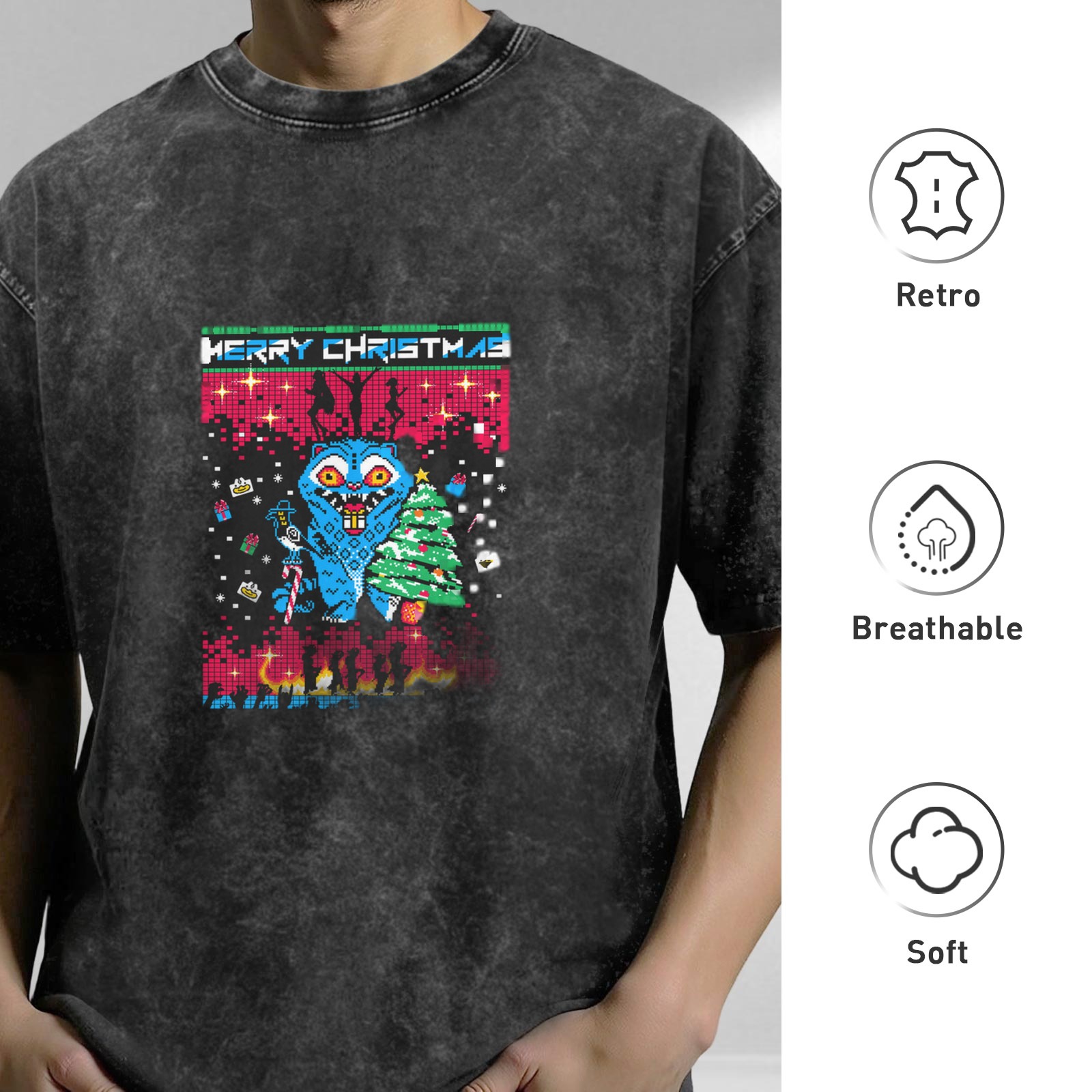 Oversized Acid Wash T-Shirt With Pixel Art Christmas Monster Print