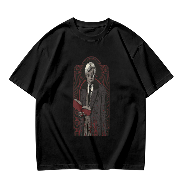 Olive T-shirt with Gothic Figure Holding Red Book Print