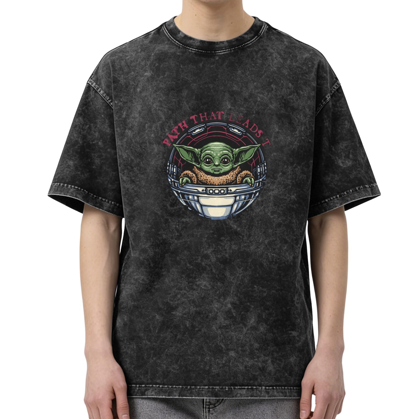 Washed graphic t-shirt with Baby Yoda in pod and path text