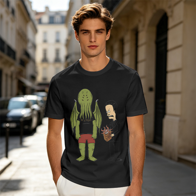 Olive T-Shirt Featuring Cthulhu and Beavis in Suits Graphic