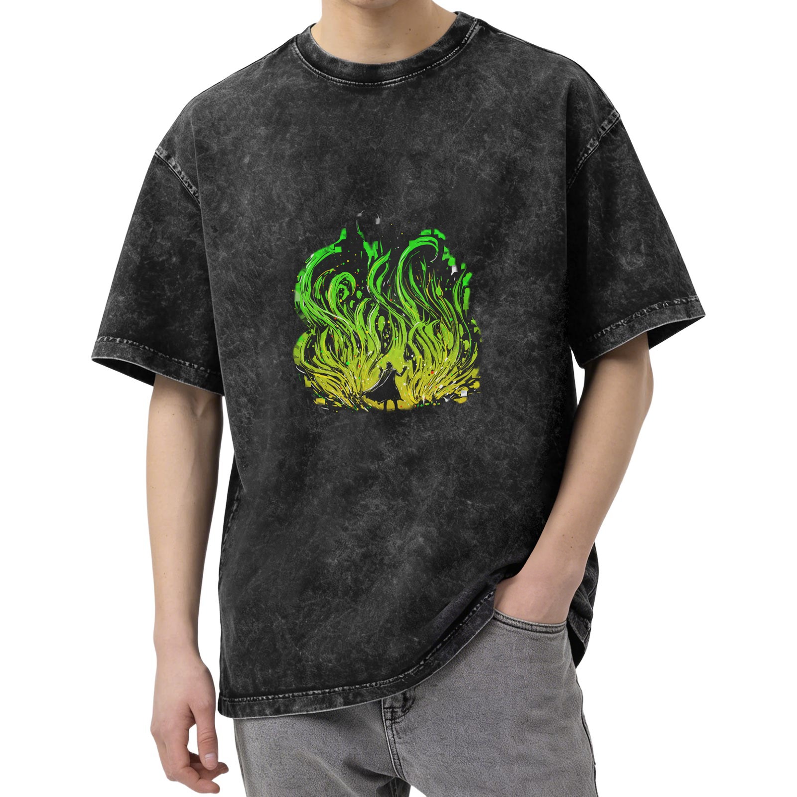 Oversized Acid Wash T-Shirt With Green Flame Silhouette Print