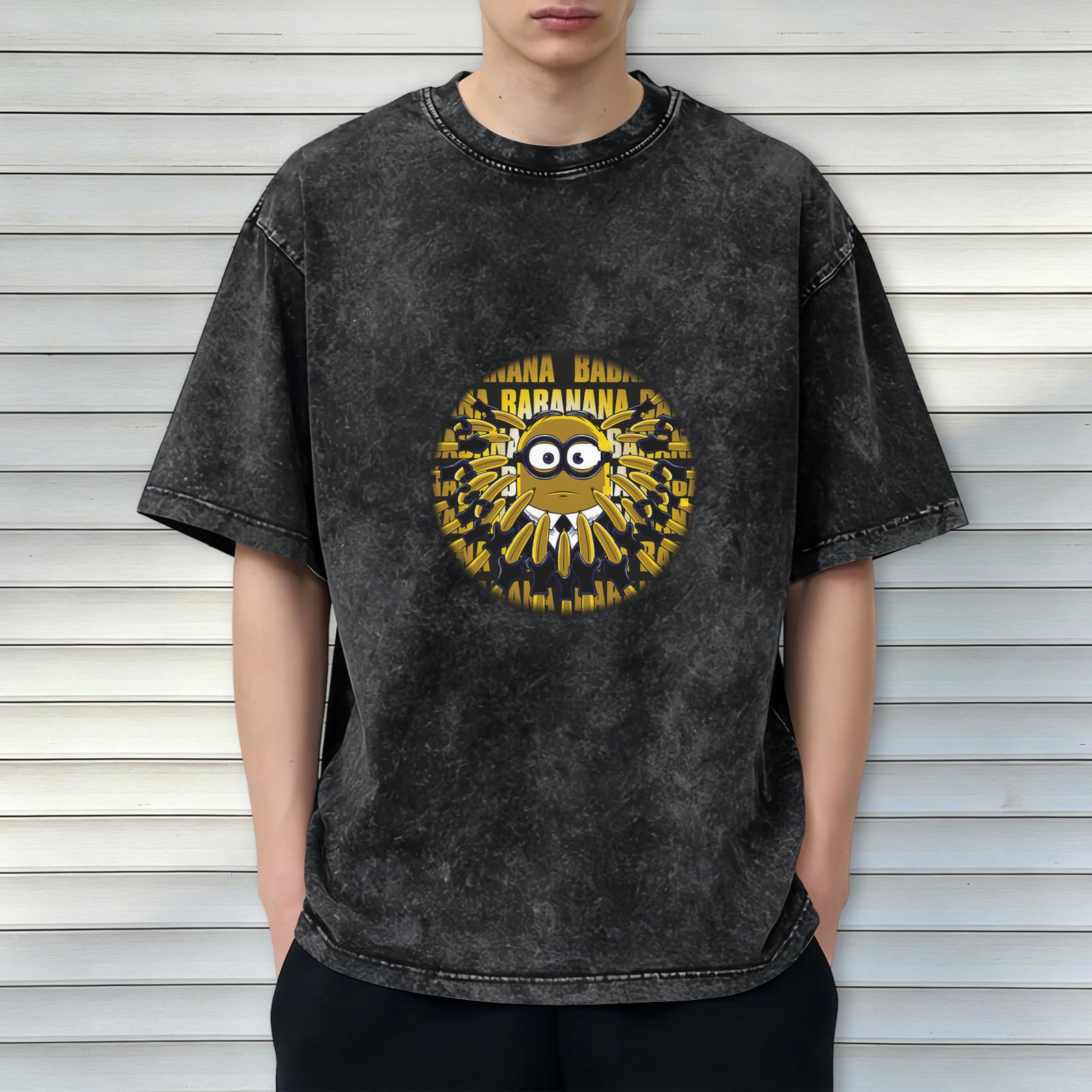 Washed Black Minion Banana Graphic Short Sleeve T-Shirt