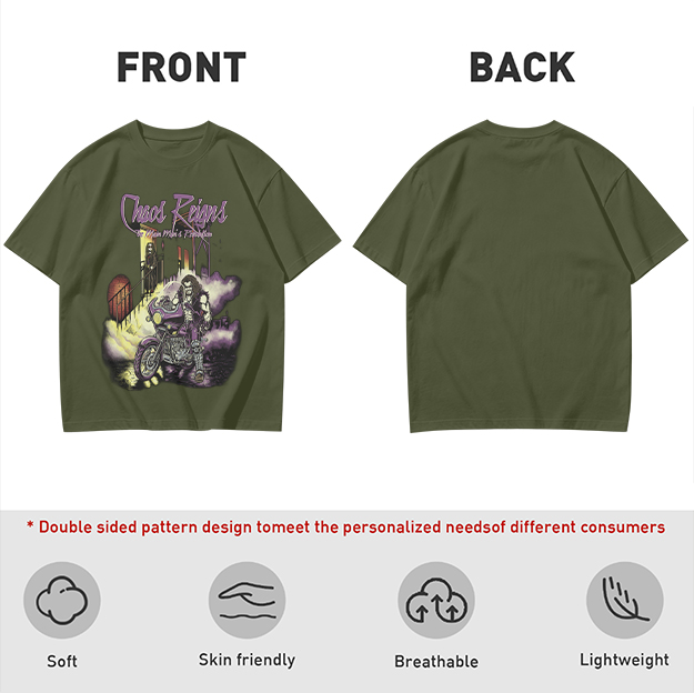 Olive Graphic T-Shirt with Chaos Reigns Biker Artwork