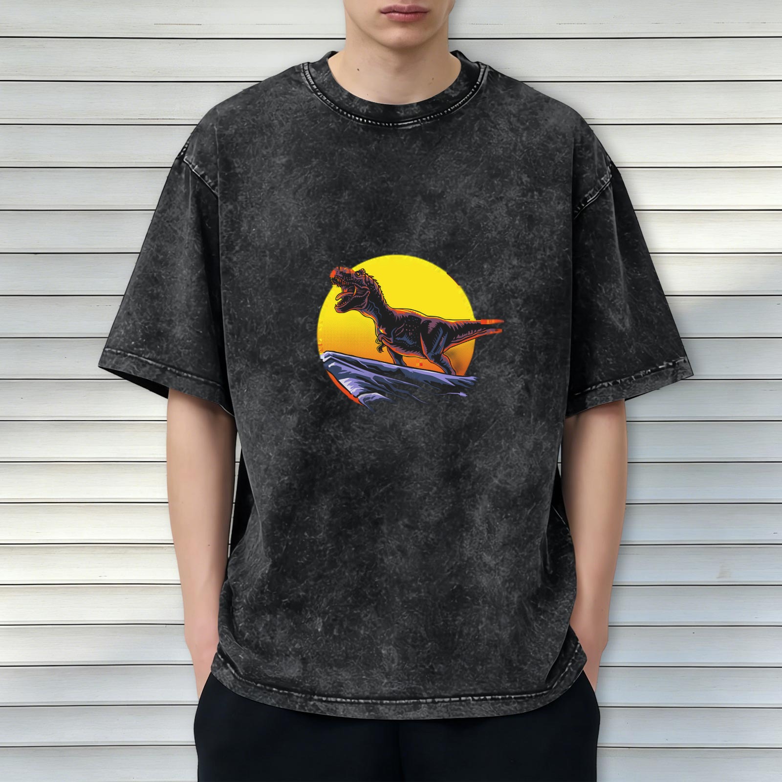 Oversized Acid Wash T-Shirt with T-Rex Sunset Graphic