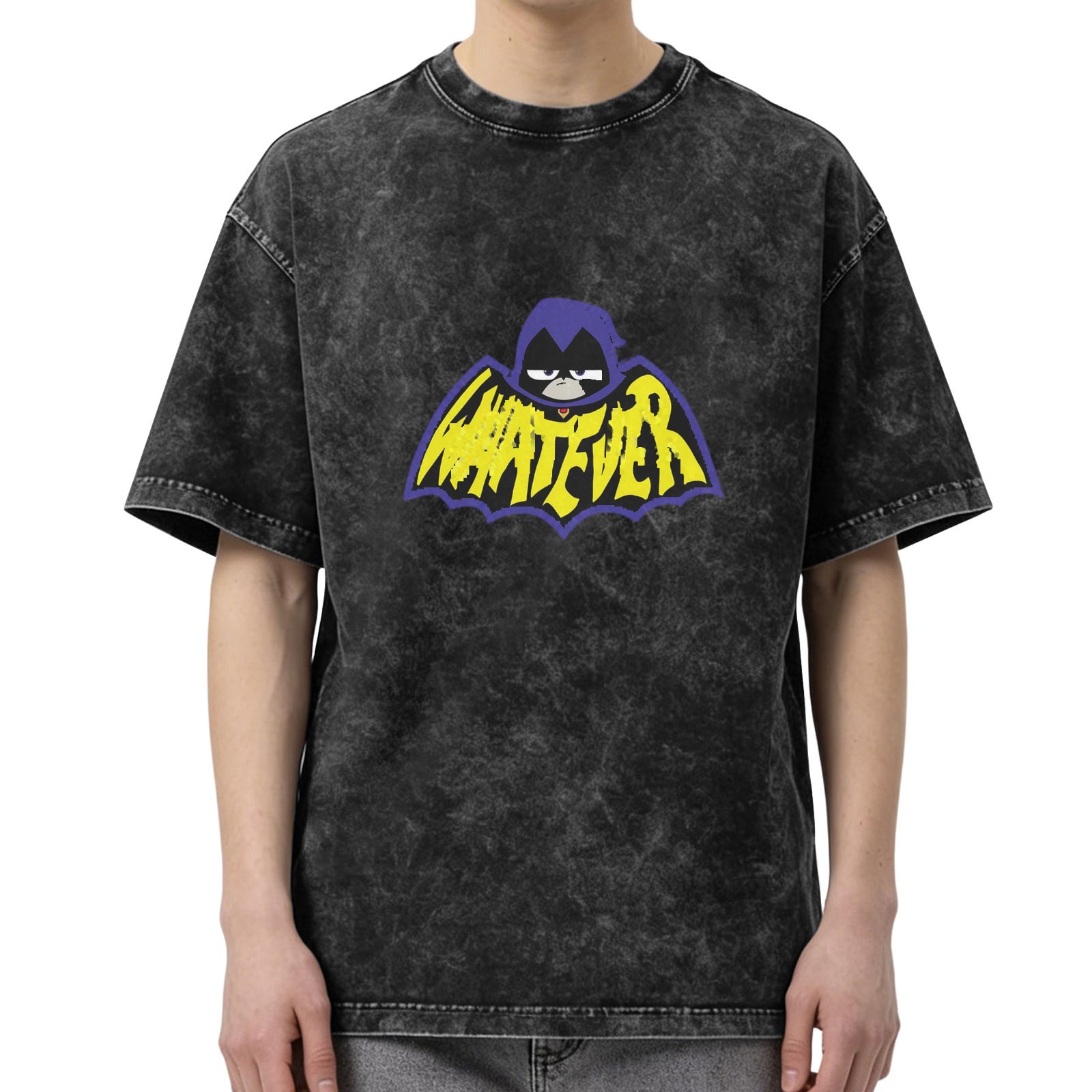 Teen Titans Raven Whatever Bat Logo Acid Wash Black T-Shirt