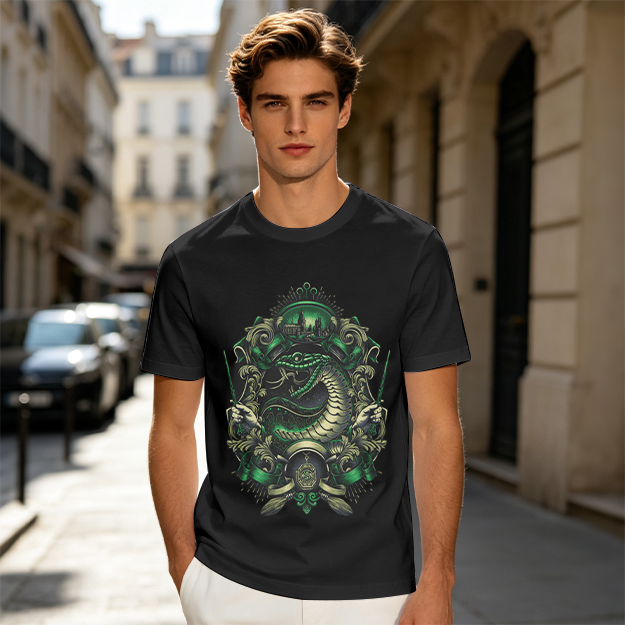 Olive Green T-Shirt With Serpent Crest Graphic Design